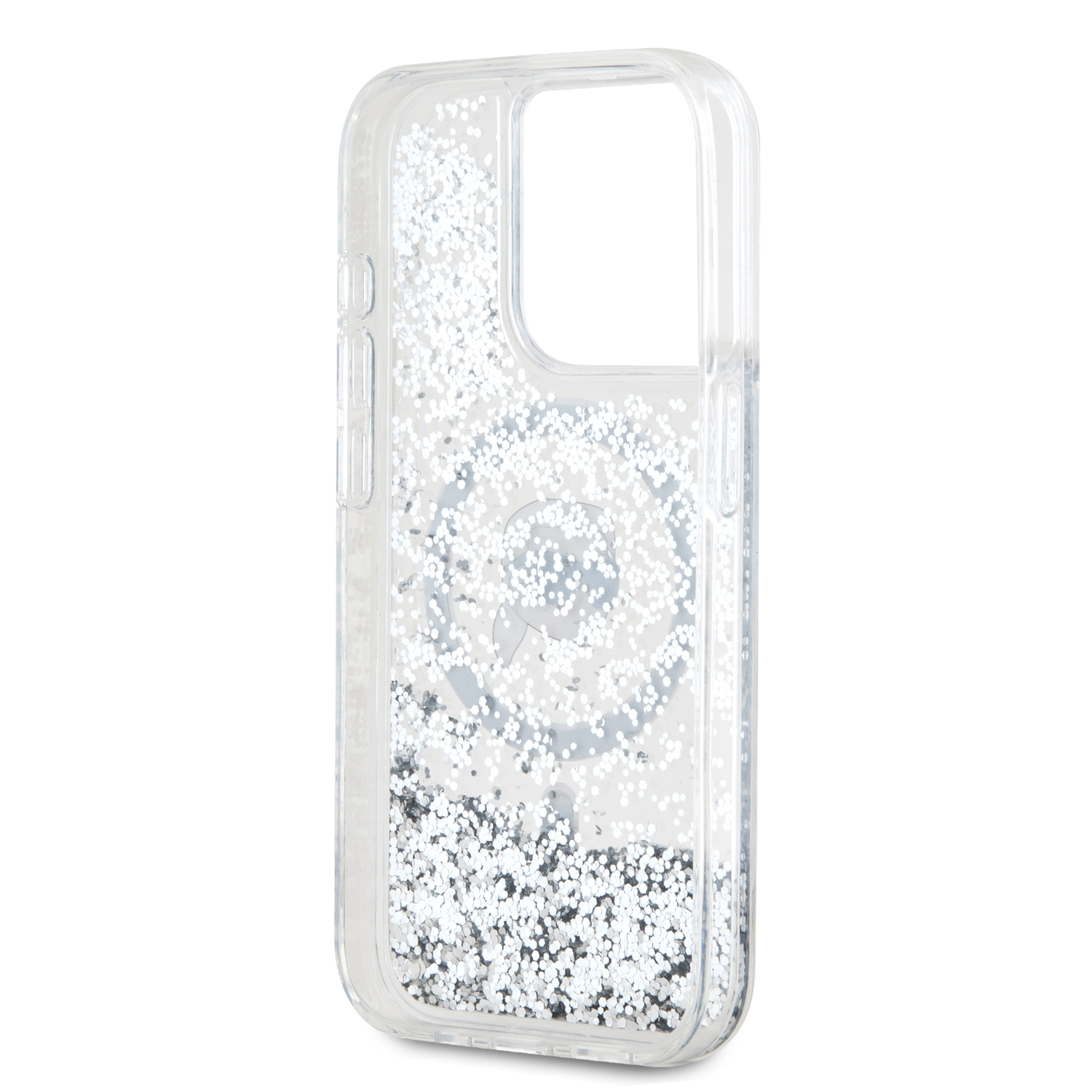 Karl Lagerfeld Liquid Glitter Karl Head MagSafe Zadní Kryt pro iPhone 15 Pro Max Transparent