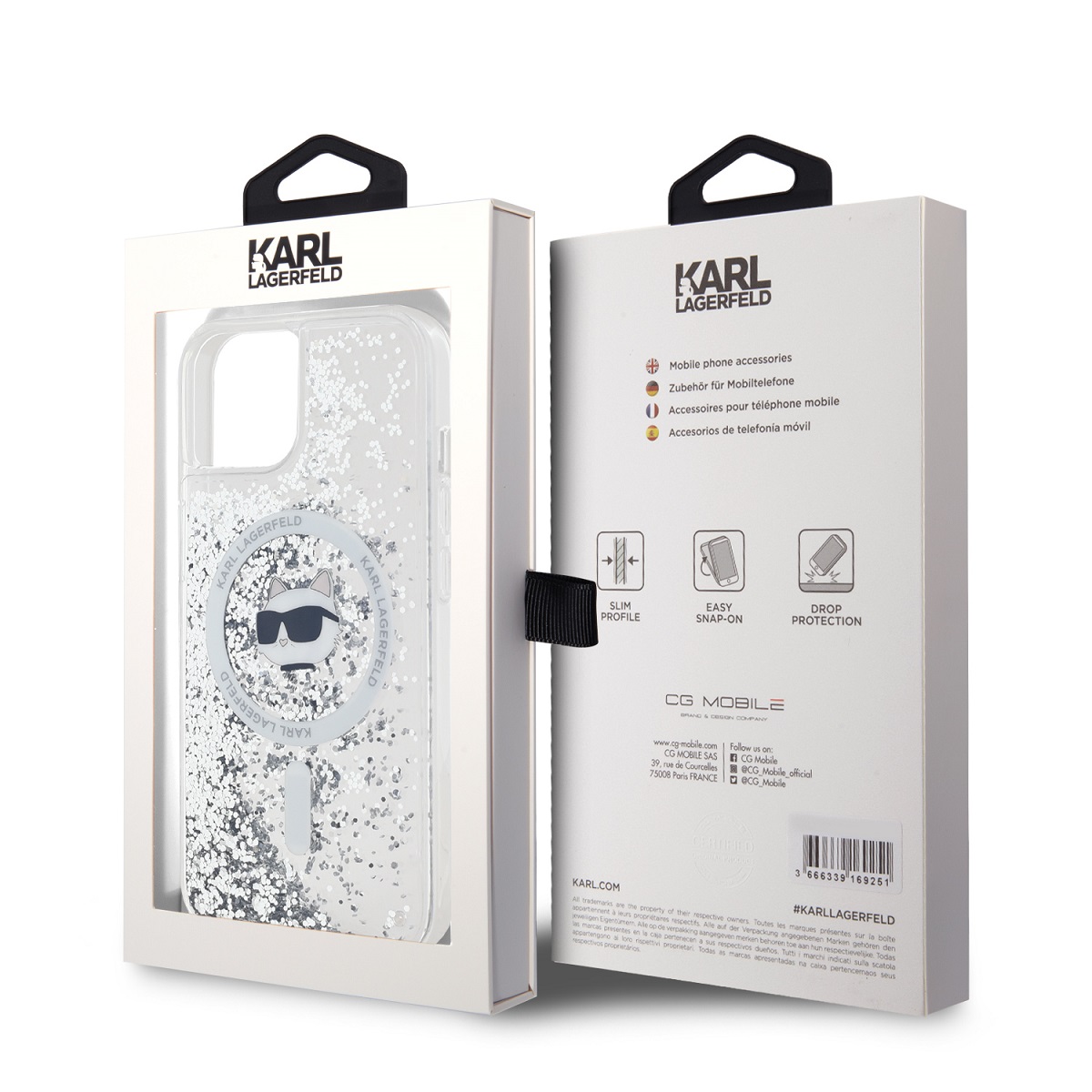 Karl Lagerfeld Liquid Glitter Choupette Head Magsafe Zadní Kryt pro iPhone 15 Transparent