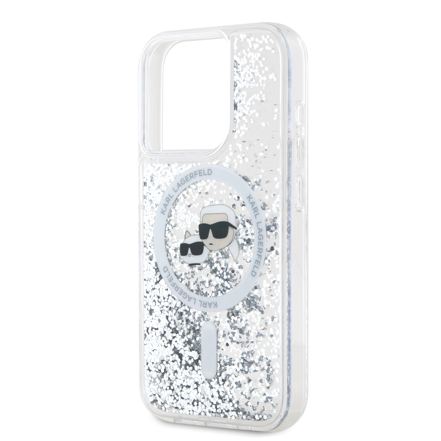 Karl Lagerfeld Liquid Glitter Karl and Choupette Heads MagSafe Zadní Kryt pro iPhone 15 Pro Transparent