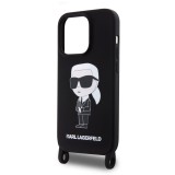 Karl Lagerfeld Liquid Silicone Crossbody Popruh Ikonik Zadní Kryt pro iPhone 15 Pro Max Black