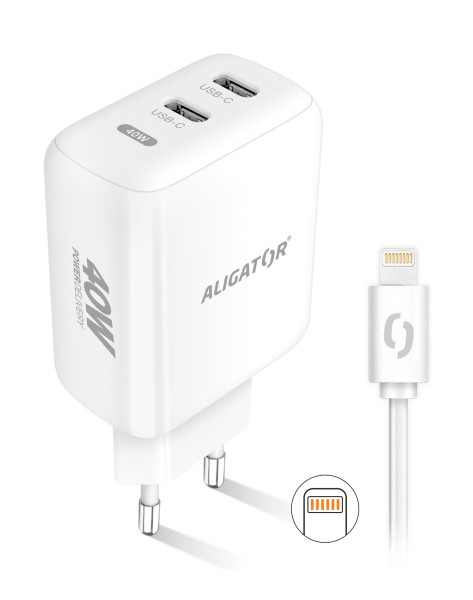 Chytrá síťová nabíječka ALIGATOR, Power Delivery 40W, 2xUSB-C, USB-C/Lightning kabel, bílá