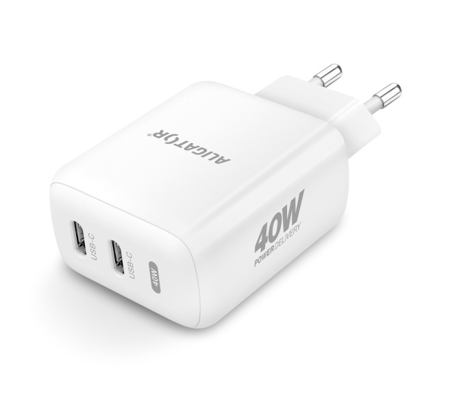 Chytrá síťová nabíječka ALIGATOR, Power Delivery 40W, 2xUSB-C, USB-C/Lightning kabel, bílá