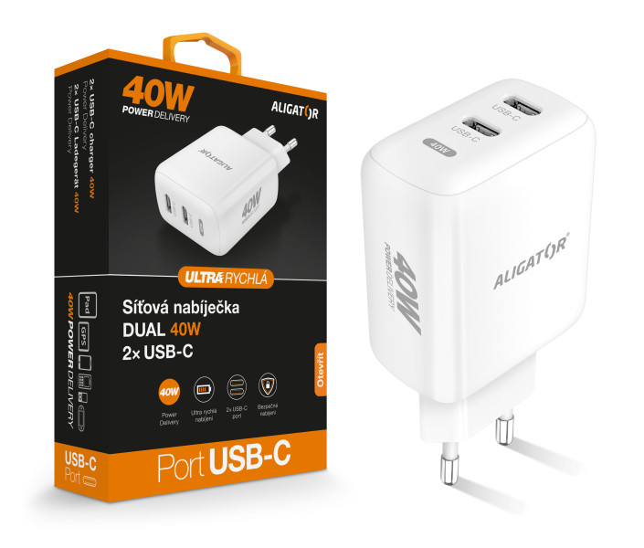 Chytrá síťová nabíječka ALIGATOR, Power Delivery 40W 2xUSB-C, bílá