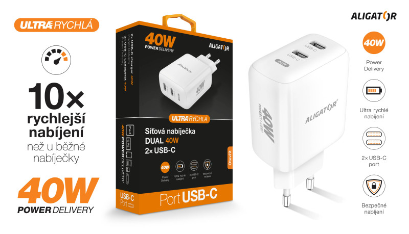 Chytrá síťová nabíječka ALIGATOR, Power Delivery 40W 2xUSB-C, bílá