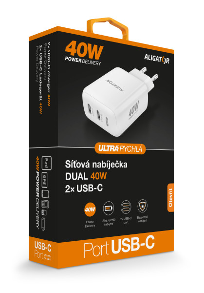 Chytrá síťová nabíječka ALIGATOR, Power Delivery 40W 2xUSB-C, bílá