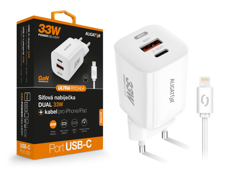 Aligator chytrý síťový adaptér GaN, Power Delivery 33W, USB-C/Lightning kabel, bílá