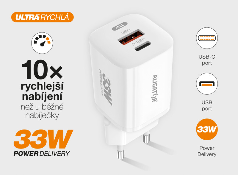 Aligator chytrý síťový adaptér GaN, Power Delivery 33W, USB-C/Lightning kabel, bílá