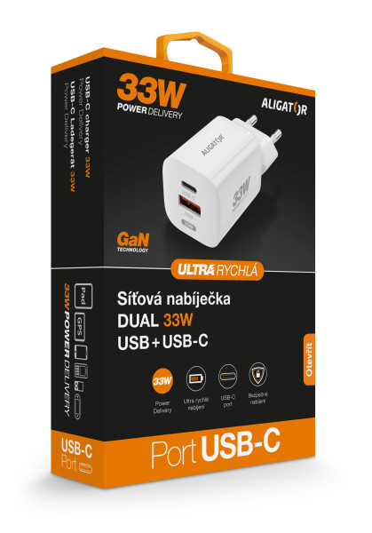 Chytrá síťová nabíječka ALIGATOR GaN, Power Delivery 33W USB + USB-C, bílá