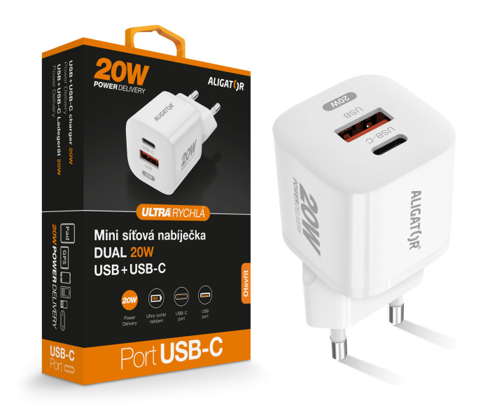 Aligator Mini chytrý síťový adaptér Power Delivery 20W USB + USB-C, bílá