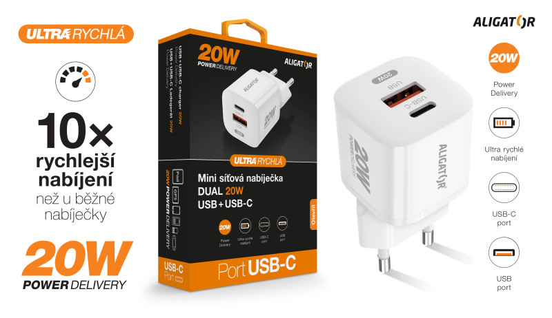 Aligator Mini chytrý síťový adaptér Power Delivery 20W USB + USB-C, bílá