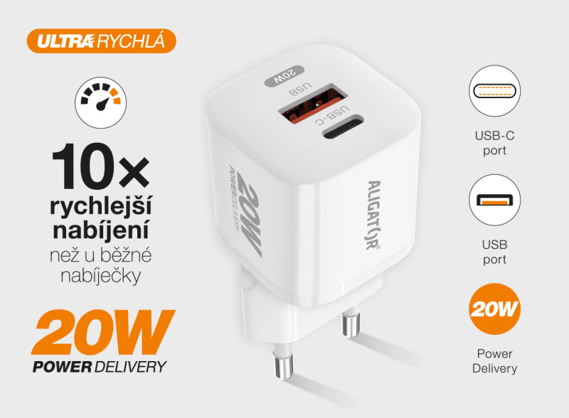 Aligator Mini chytrý síťový adaptér Power Delivery 20W USB + USB-C, bílá