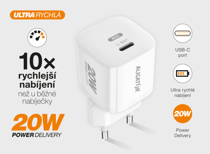 Chytrá síťová nabíječka ALIGATOR Mini, Power Delivery 20W, USB-C/Lightning kabel, bílá