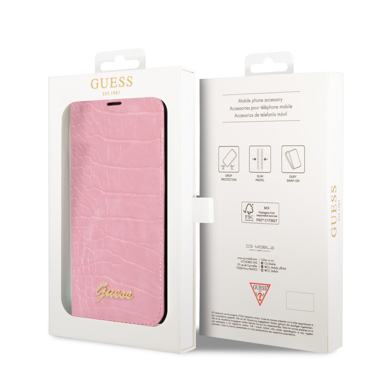 Guess PU Croco with Metal Camera Outline Book Pouzdro pro iPhone 14 Plus Pink