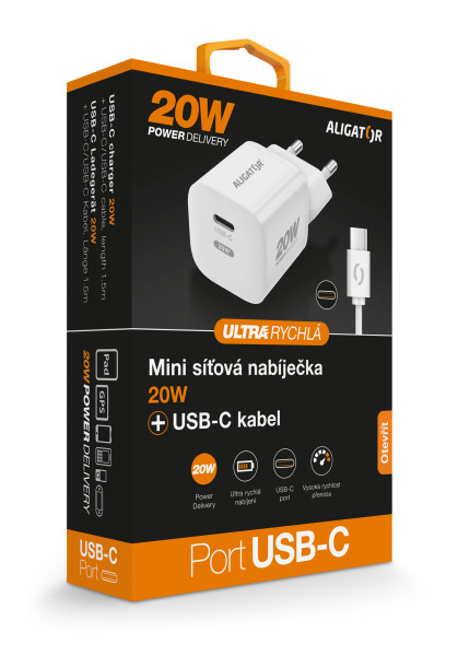 Aligator Mini chytrá síťová nabíječka Power Delivery 20W, USB-C/USB-C kabel, bílá