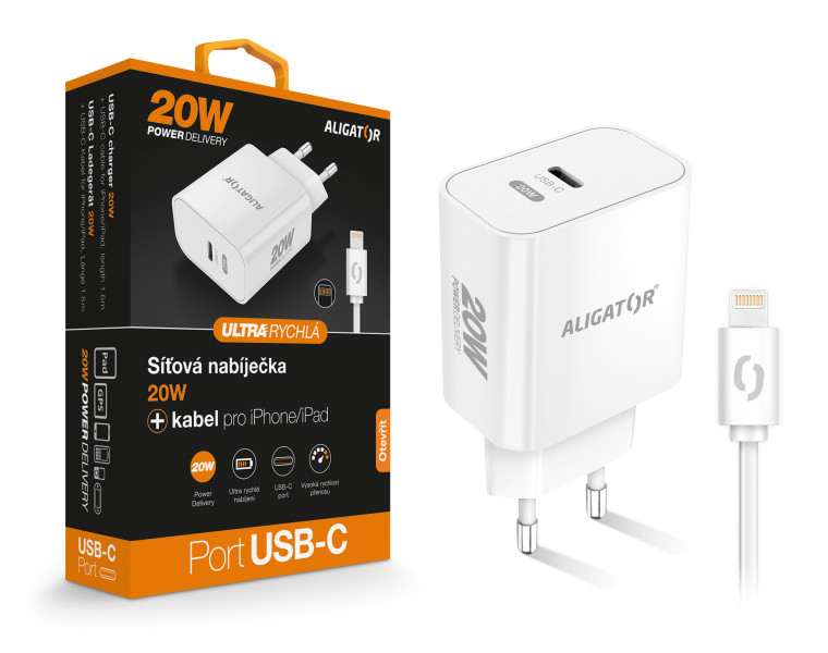 Rychlá nabíječka USB-C ALIGATOR PD 20W s kabelem USB-C/Lightning (iPhone), bílá