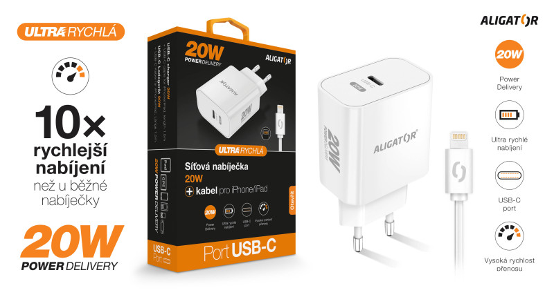 Rychlá nabíječka USB-C ALIGATOR PD 20W s kabelem USB-C/Lightning (iPhone), bílá