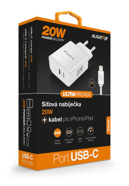 Rychlá nabíječka USB-C ALIGATOR PD 20W s kabelem USB-C/Lightning (iPhone), bílá