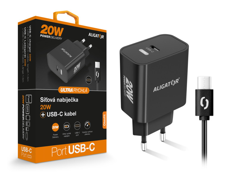 Chytrá síťová nabíječka ALIGATOR Power Delivery 20W USB-C, USB-C/USB-C, černá