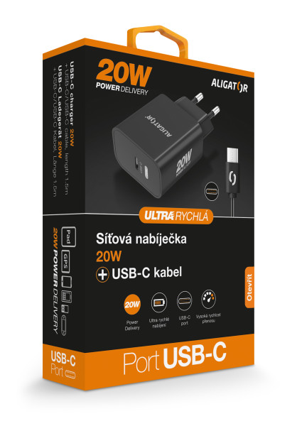 Chytrá síťová nabíječka ALIGATOR Power Delivery 20W USB-C, USB-C/USB-C, černá