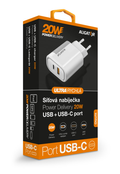 Aligator Power Delivery 20W chytrá síťová nabíječka USB-C + USB, bílá