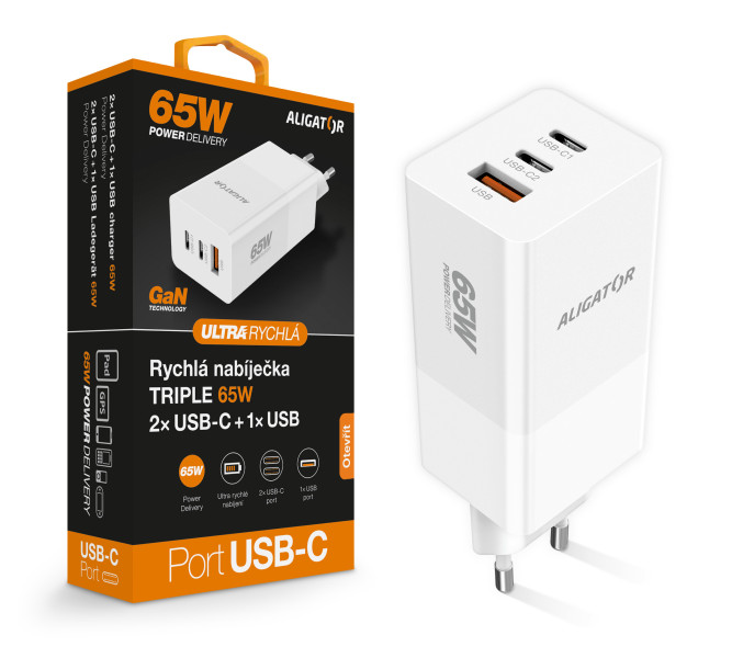 Chytrá síťová nabíječka ALIGATOR GaN, Power Delivery 65W, 2xUSB-C, 1xUSB-A, bílá