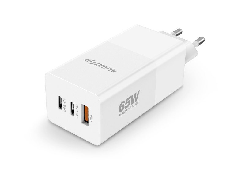 Chytrá síťová nabíječka ALIGATOR GaN, Power Delivery 65W, 2xUSB-C, 1xUSB-A, bílá