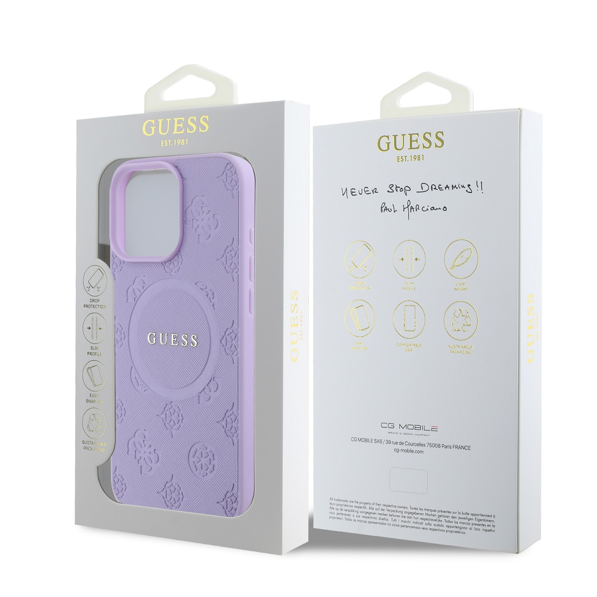 Guess Saffiano Peony Stamp MagSafe Zadní Kryt pro iPhone 16 Pro Max Purple