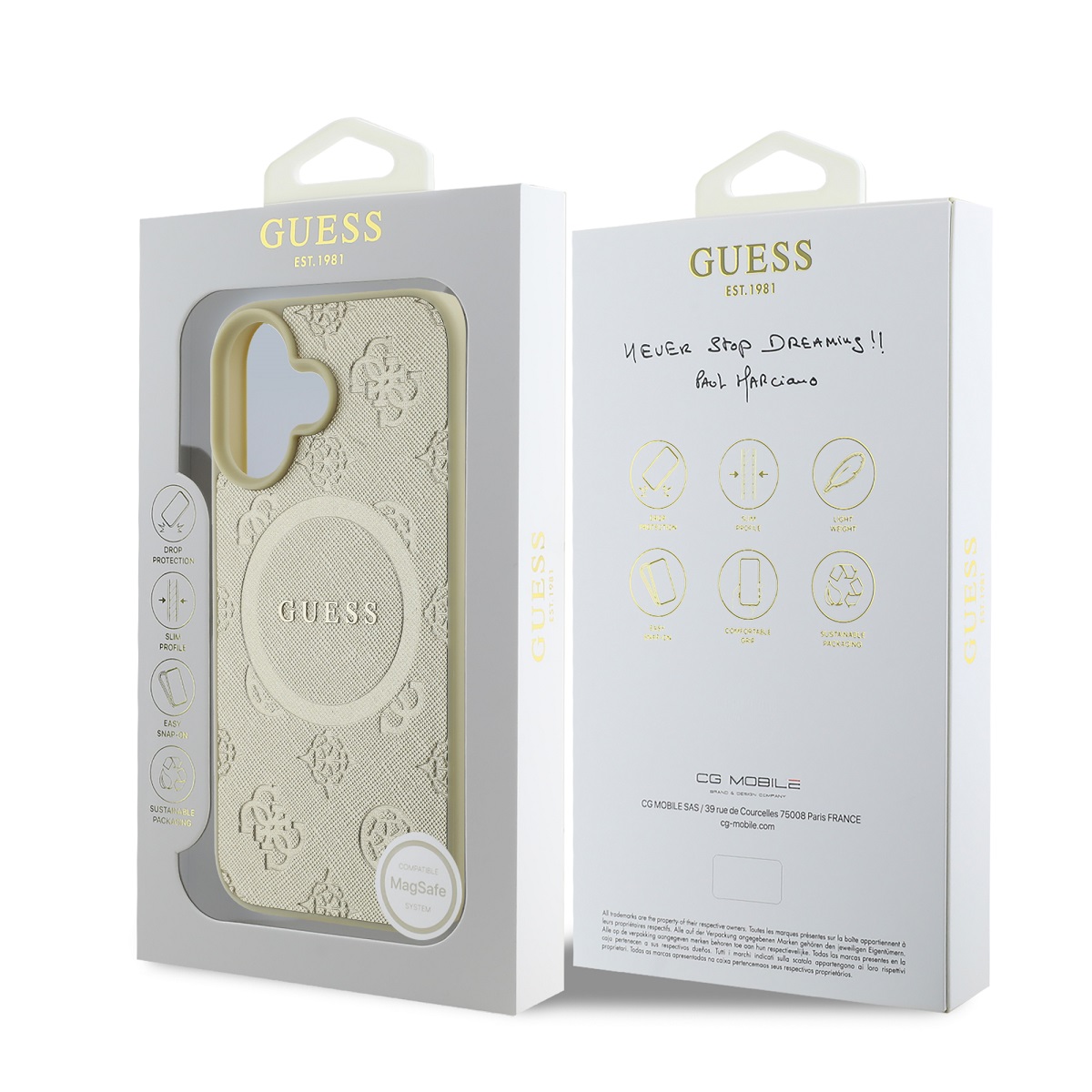 Guess Saffiano Peony Stamp MagSafe Zadní Kryt pro iPhone 16 Gold