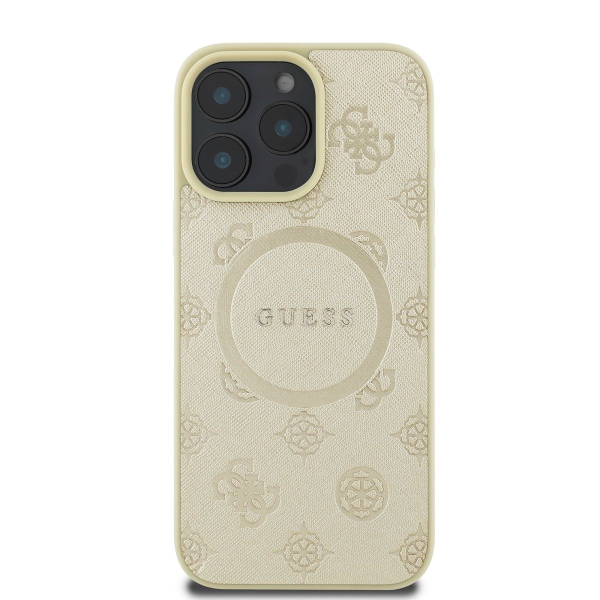 Guess Saffiano Peony Stamp MagSafe Zadní Kryt pro iPhone 16 Pro Gold