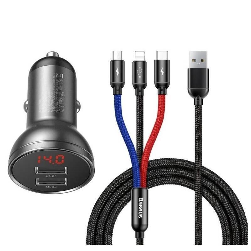 Nabíjačka do auta Baseus 2xUSB 4,8A 24W s displejom + 3v1 kábel čierna