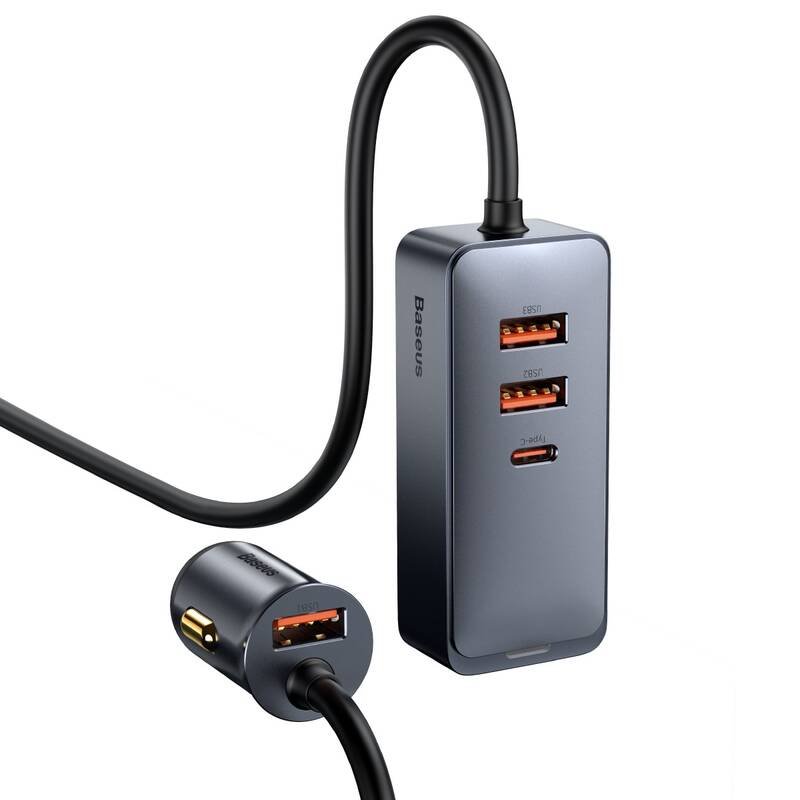 Baseus CCBT-B0G Rychlá Nabíječka do Auta s Prodlužovacím Kabelem 120W 3x USB +1xUSB-C Gray