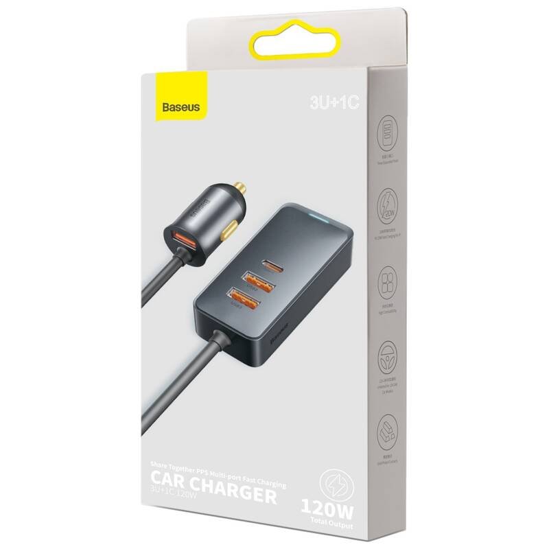 Baseus CCBT-B0G Rychlá Nabíječka do Auta s Prodlužovacím Kabelem 120W 3x USB +1xUSB-C Gray