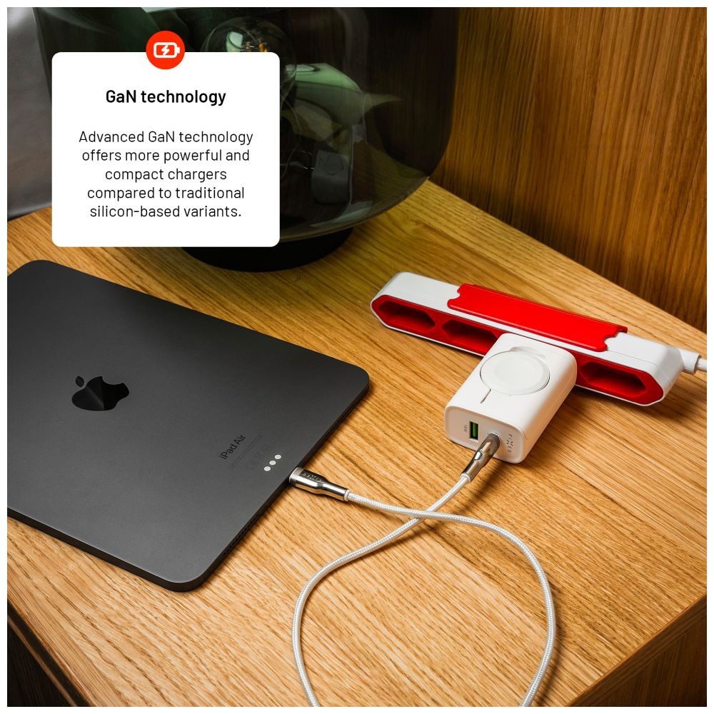 Síťová nabíječka FIXED Power Socket s USB-A a USB-C výstupem a vyklápěcí nabíječkou pro Apple Watch, 33W, bílá