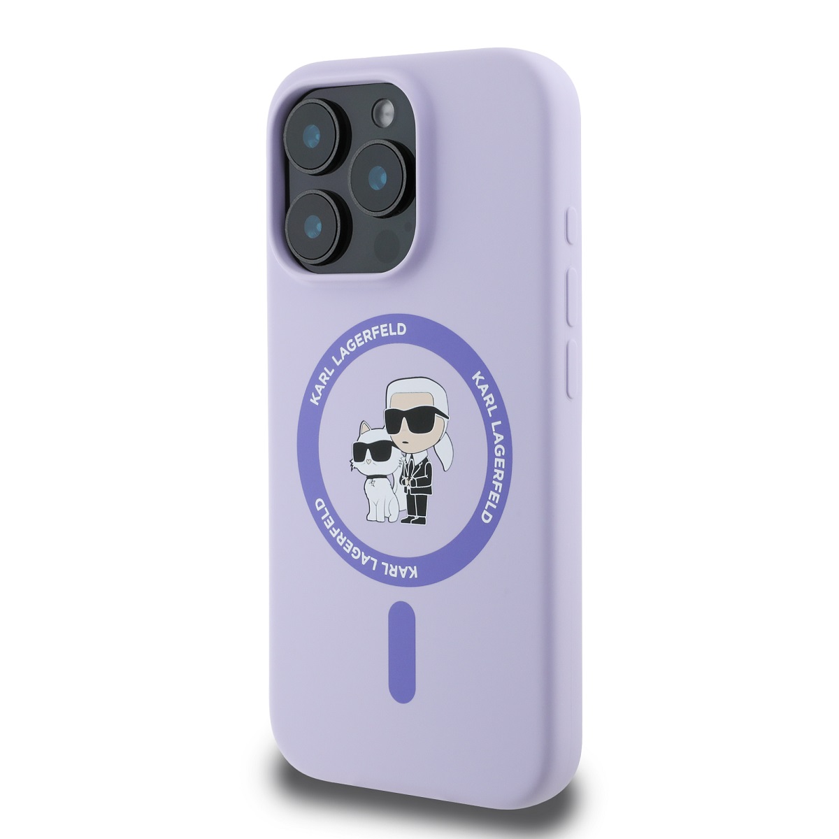 Karl Lagerfeld Liquid Silicone Karl and Choupette MagSafe Zadní Kryt pro iPhone 16 Pro Purple