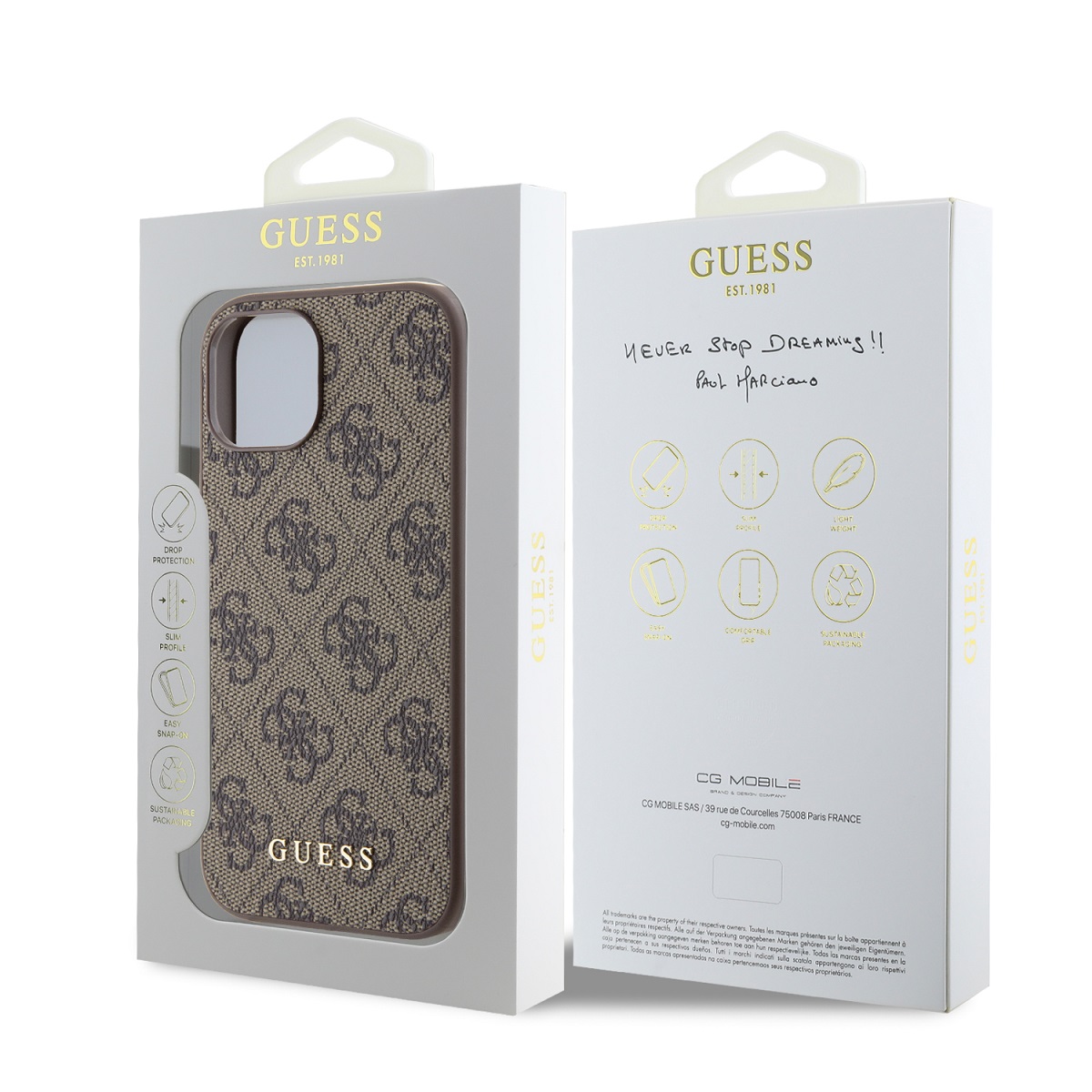 Guess 4G Charm Zadní Kryt pro iPhone 15 Tone on Tone Brown