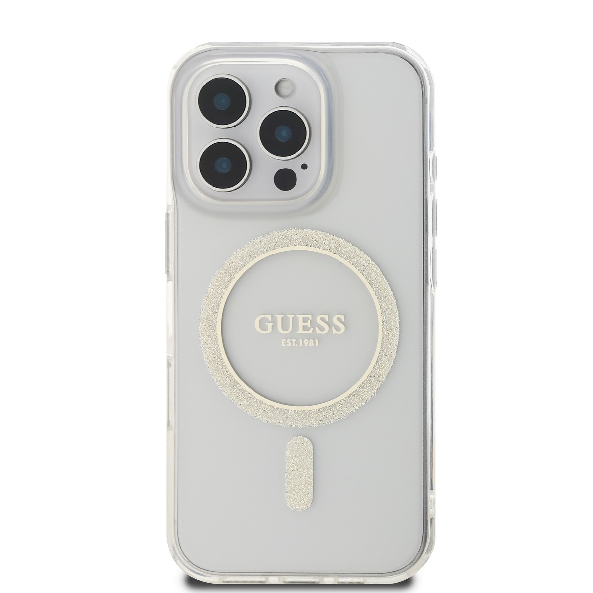 Guess IML Glitter Ring MagSafe Zadní Kryt pro iPhone 16 Pro Max Transparent