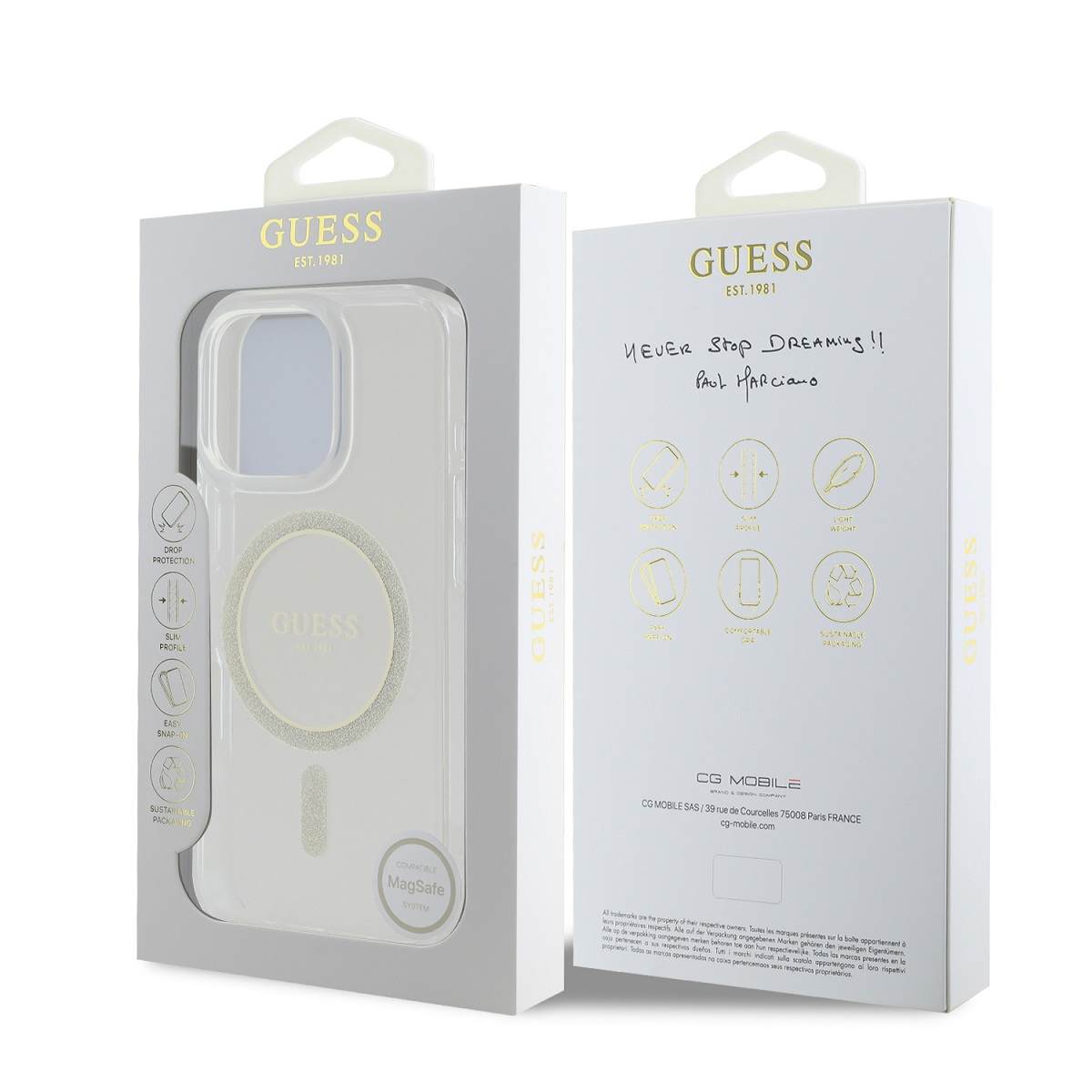 Guess IML Glitter Ring MagSafe Zadní Kryt pro iPhone 16 Pro Transparent