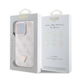 Guess PU 4G Strass Triangle Metal Logo Zadní Kryt pro iPhone 16 Pro Max Pink