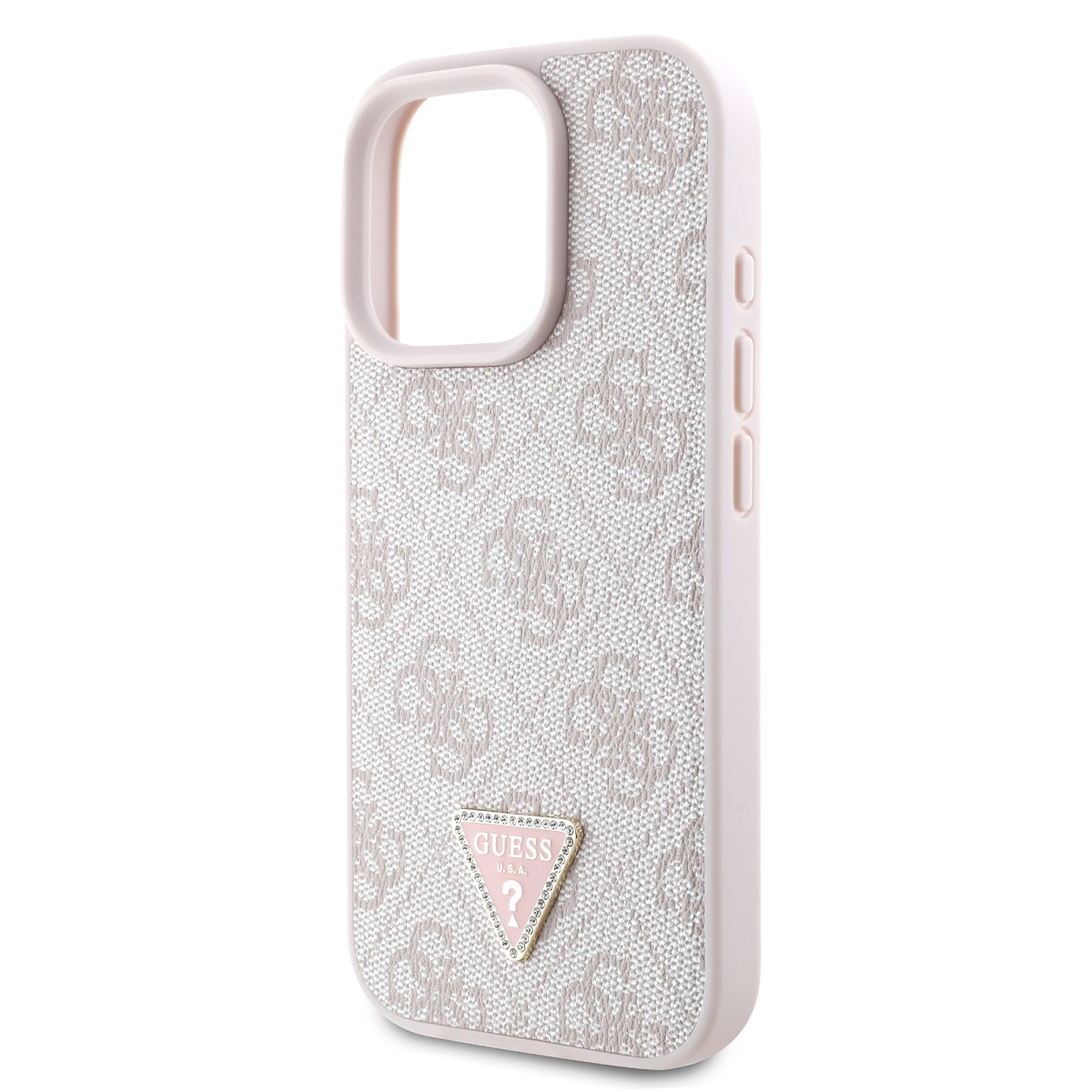 Guess PU 4G Strass Triangle Metal Logo Zadní Kryt pro iPhone 16 Pro Pink