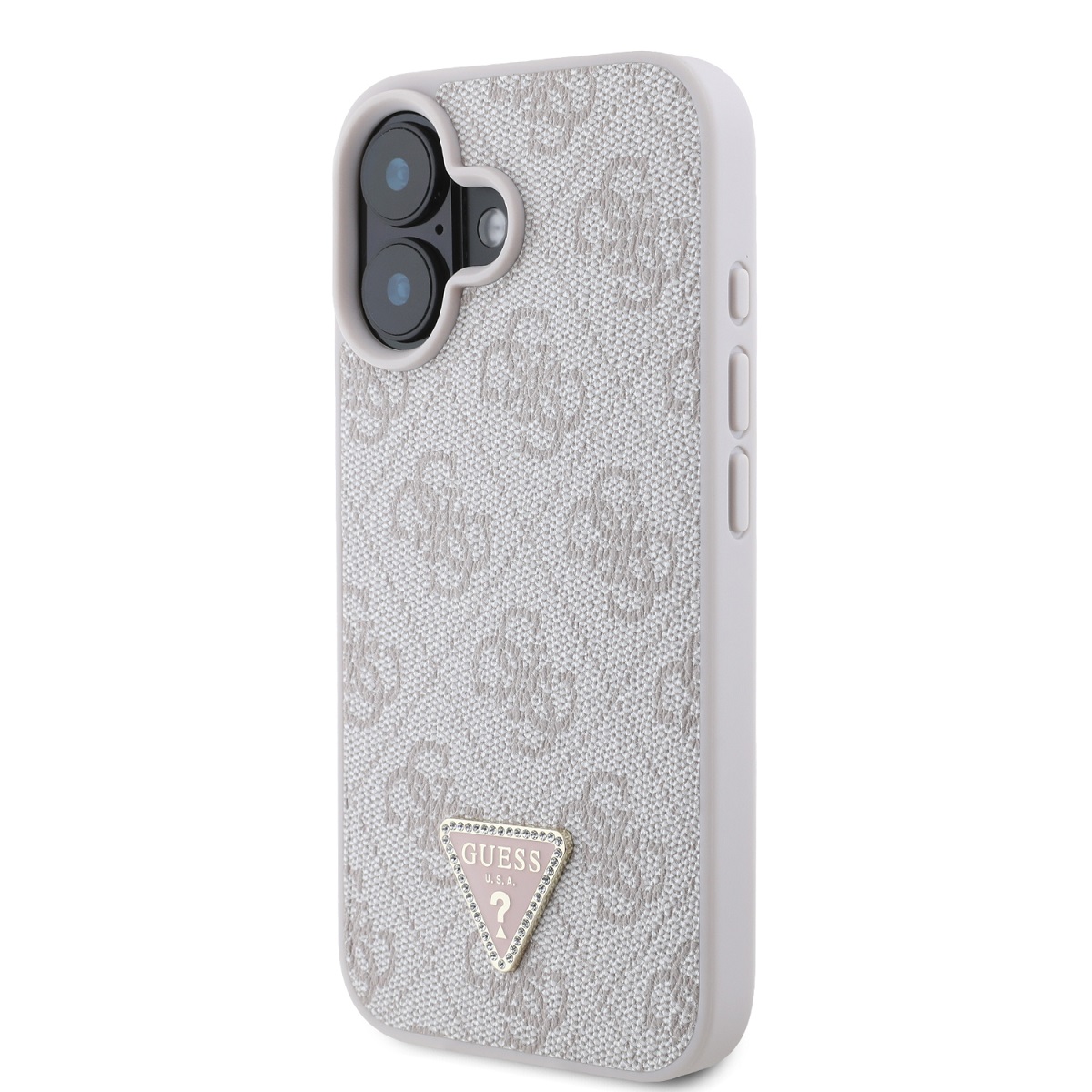 Guess PU 4G Strass Triangle Metal Logo Zadní Kryt pro iPhone 16 Pink