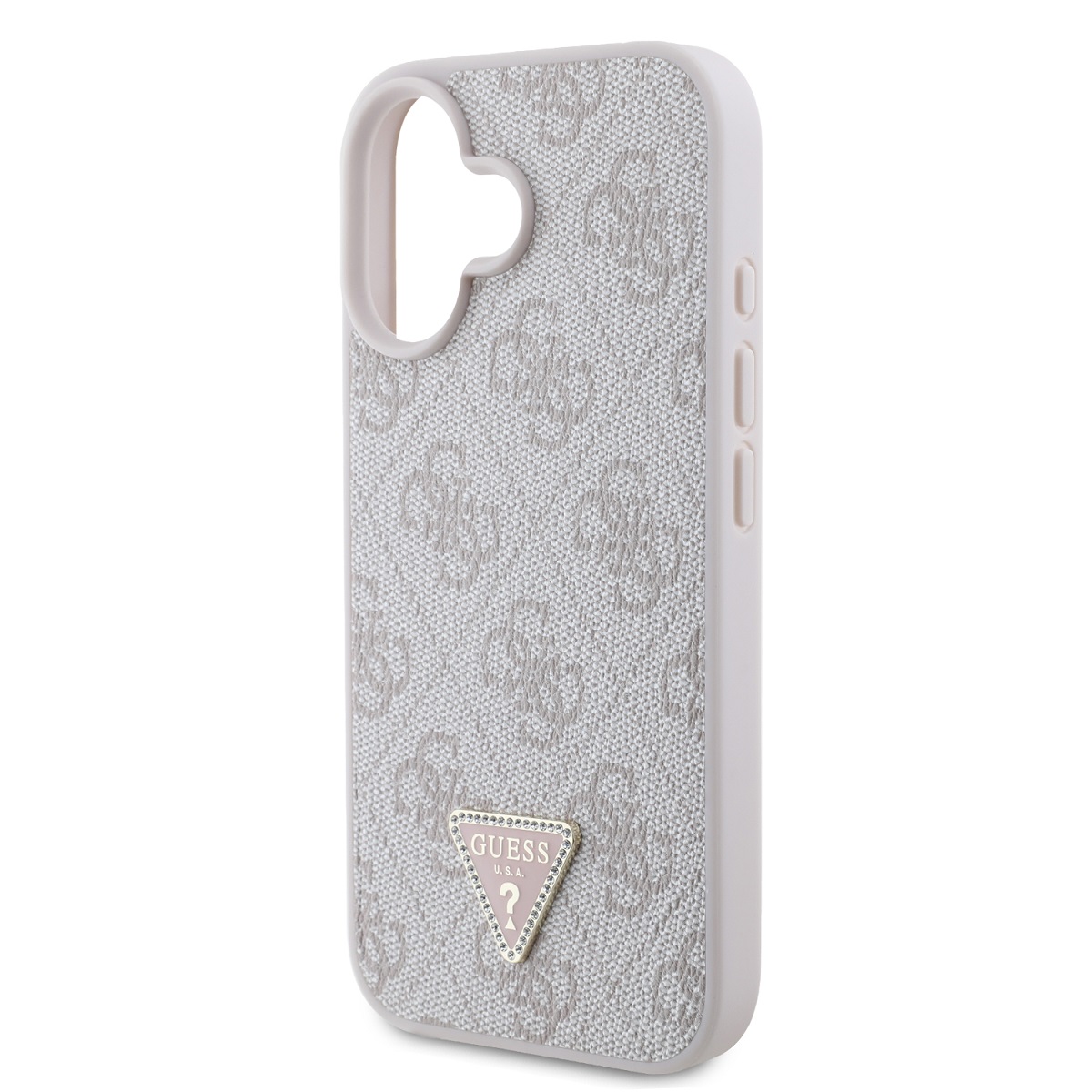 Guess PU 4G Strass Triangle Metal Logo Zadní Kryt pro iPhone 16 Pink