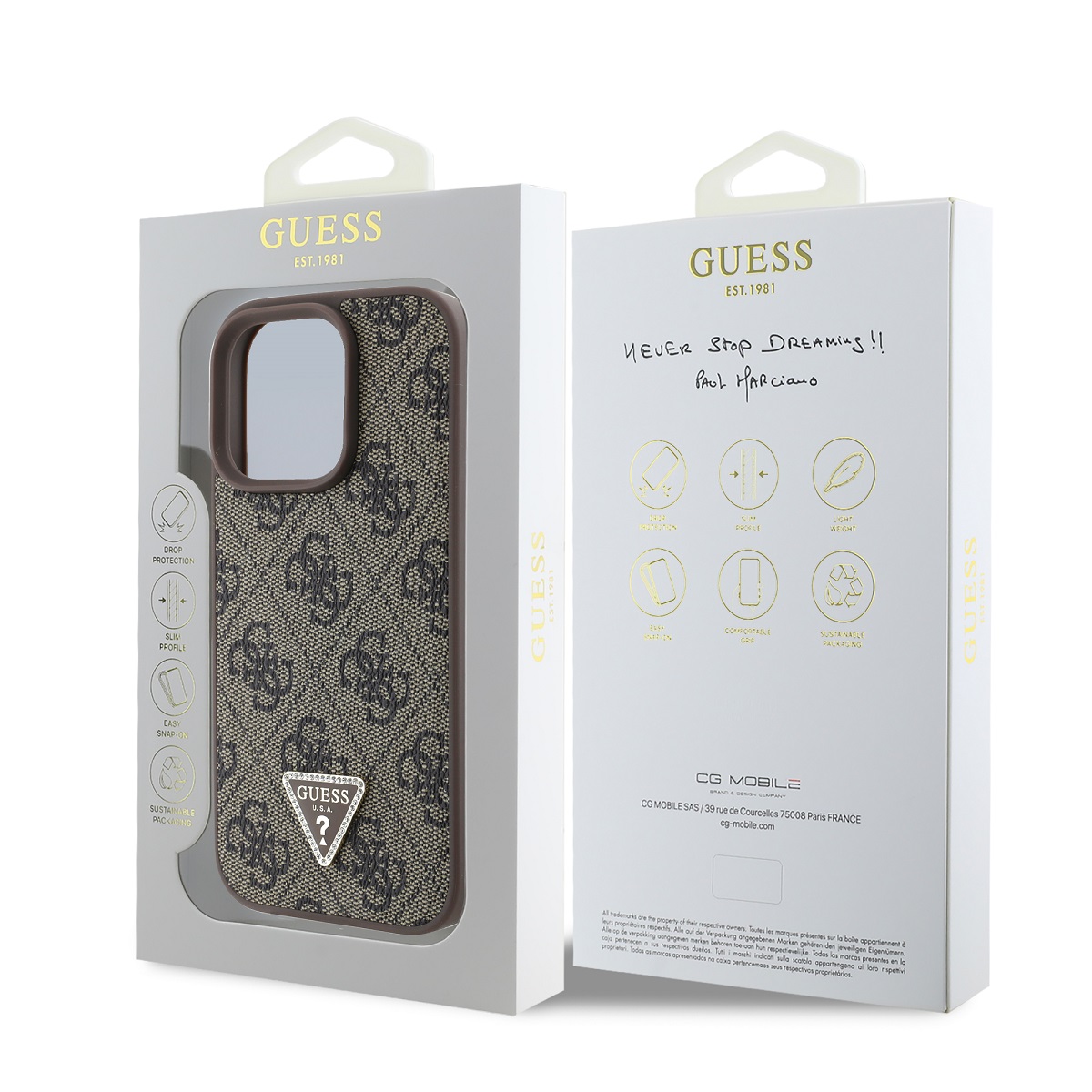 Guess PU 4G Strass Triangle Metal Logo Zadní Kryt pro iPhone 16 Pro Max Brown