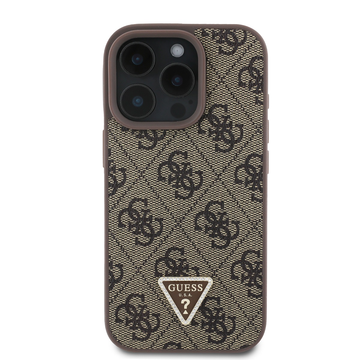 Guess PU 4G Strass Triangle Metal Logo Zadní Kryt pro iPhone 16 Pro Brown