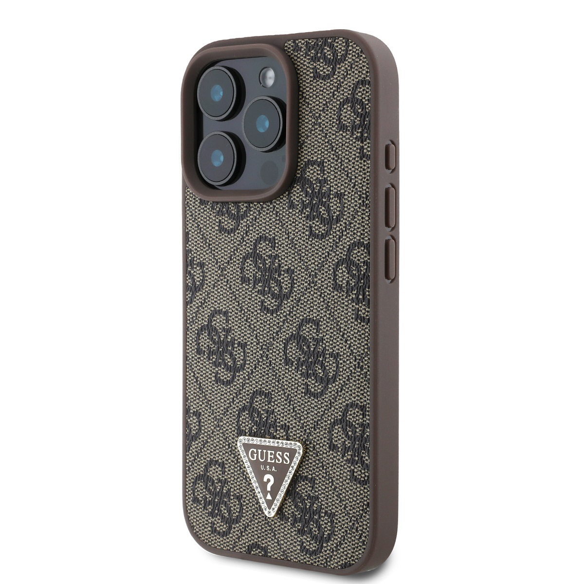 Guess PU 4G Strass Triangle Metal Logo Zadní Kryt pro iPhone 16 Pro Brown