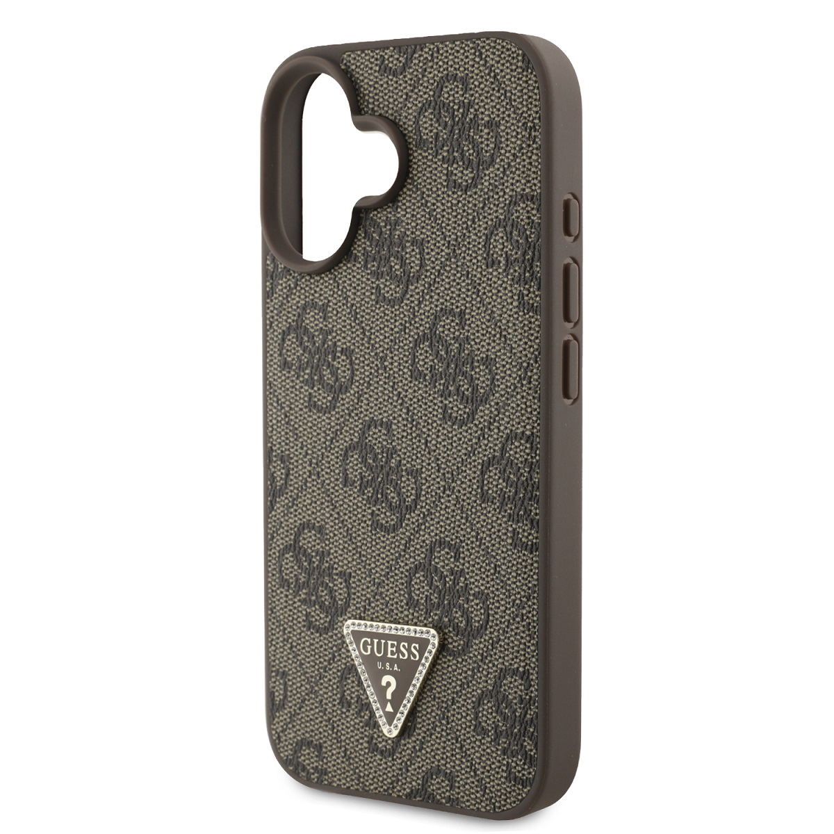 Guess PU 4G Strass Triangle Metal Logo Zadní Kryt pro iPhone 16 Brown