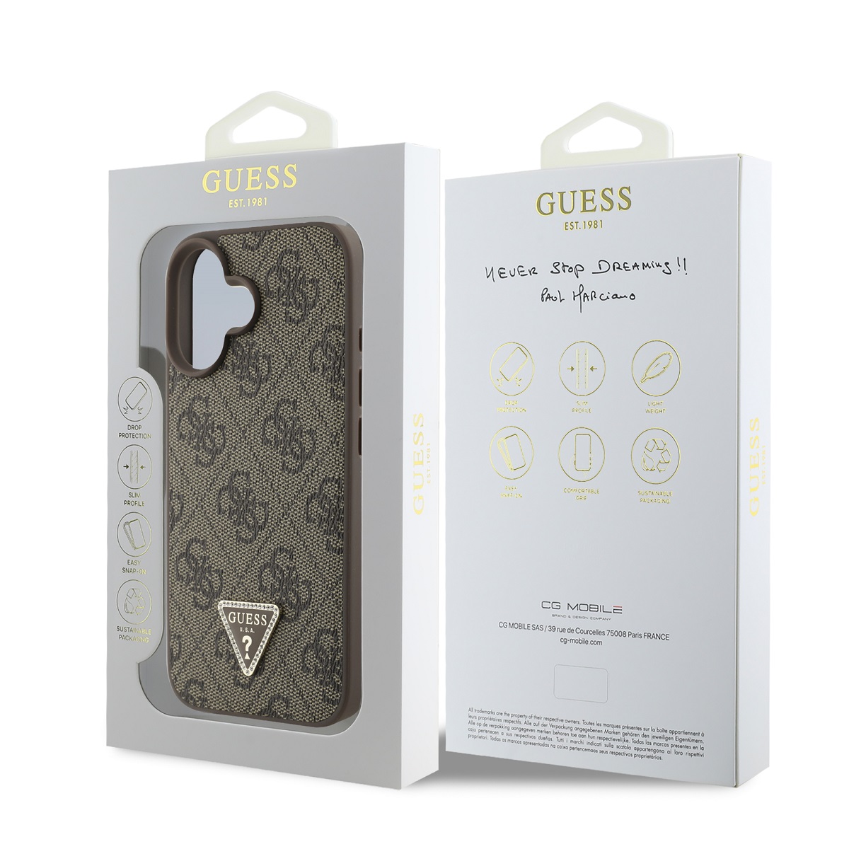 Guess PU 4G Strass Triangle Metal Logo Zadní Kryt pro iPhone 16 Brown