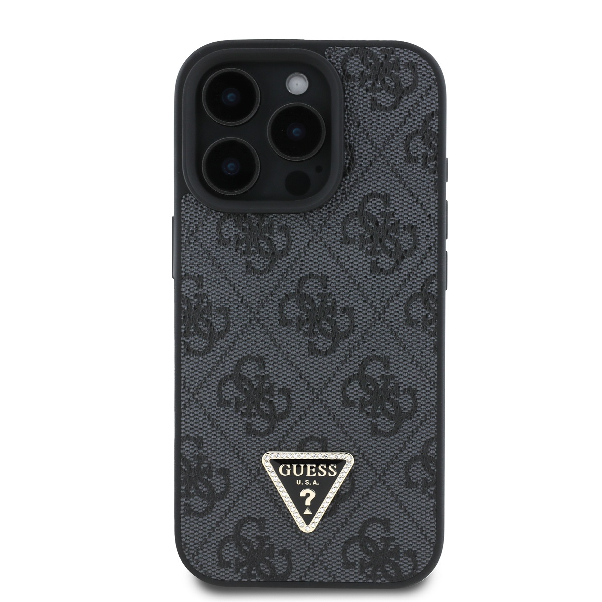 Guess PU 4G Strass Triangle Metal Logo Zadní Kryt pro iPhone 16 Pro Max Black