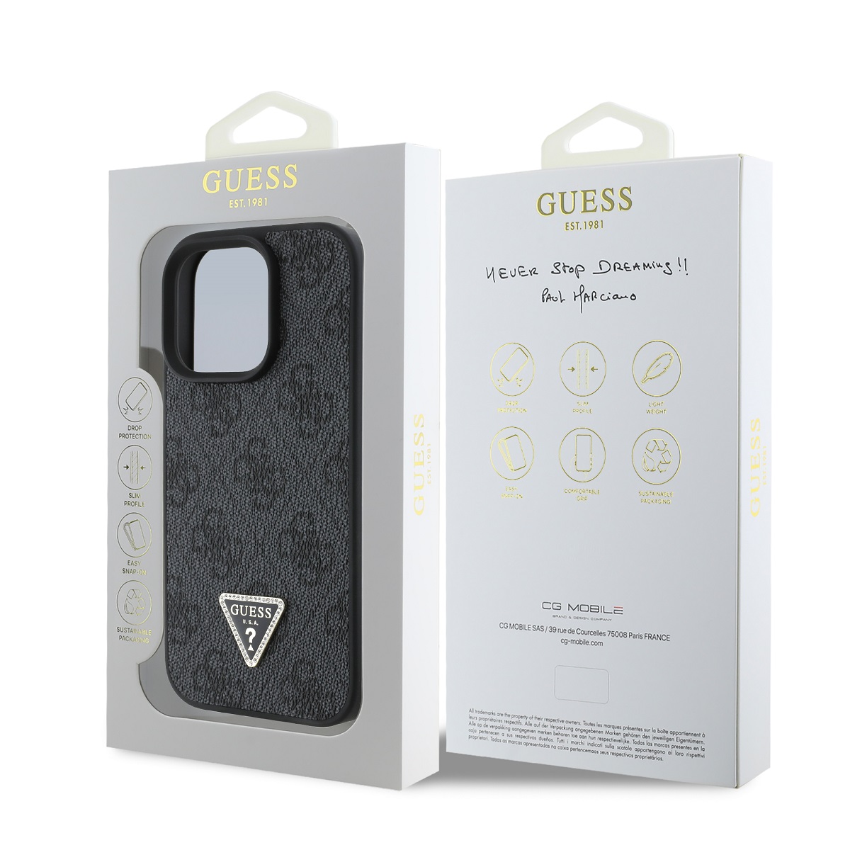 Guess PU 4G Strass Triangle Metal Logo Zadní Kryt pro iPhone 16 Pro Max Black