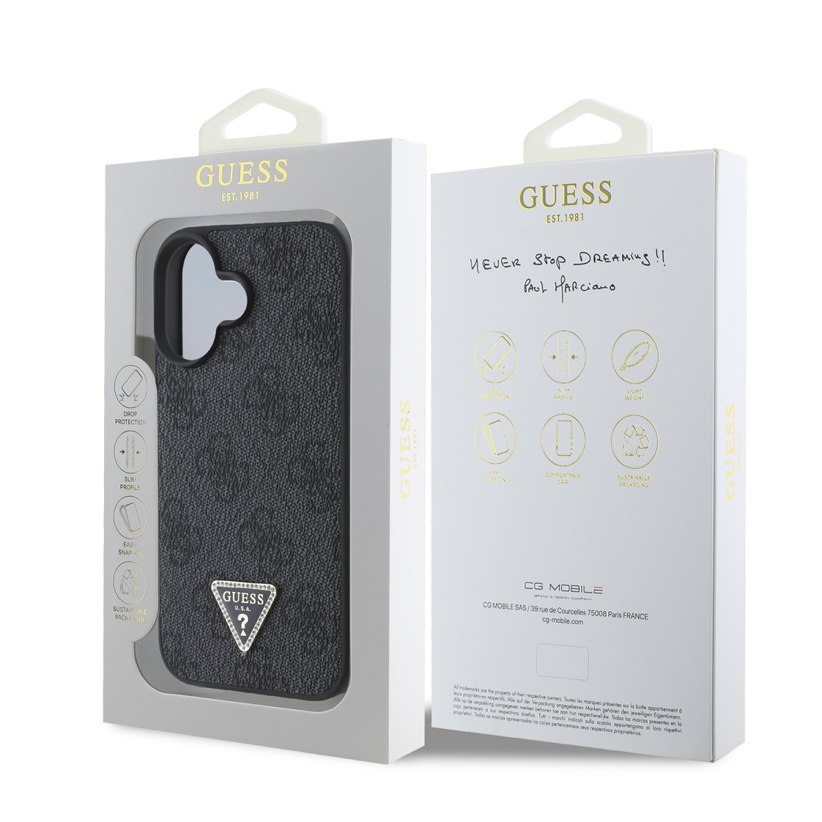 Guess PU 4G Strass Triangle Metal Logo Zadní Kryt pro iPhone 16 Black