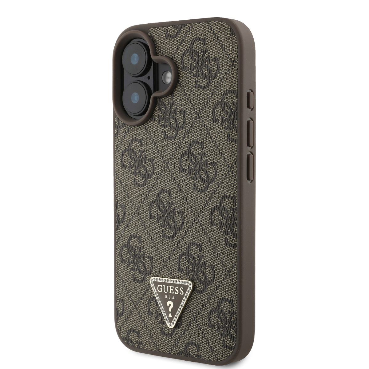 Guess PU 4G Strass Triangle Metal Logo Zadní Kryt + Crossbody Popruh pro iPhone 16 Brown